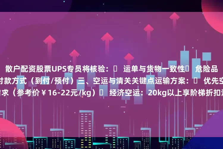 散户配资股票UPS专员将核验：✓ 运单与货物一致性✓ 危险品声明（如无则签署确认书）✓ 付款方式（到付/预付）三、空运与清关关键点运输方案：▶ 优先空运：适合10kg内高时效需求（参考价￥16-22元/kg）▶ 经济空运：20kg以上享阶梯折扣清关材料：✓ 商业发票（注明货值及HS编码）✓ 装箱清单（需与实物匹配）✓ 电子产品需提供FCC认证复印件四、香港端派送细则清关协作UPS香港团队将提前邮件